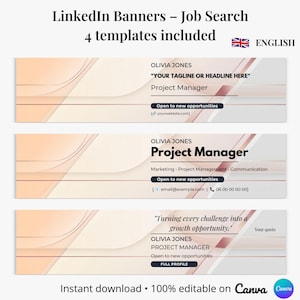 Peut inclure: Image de modèles de bannières LinkedIn pour la recherche d'emploi. Le design est de couleur pêche et blanc, avec des champs de texte pour le nom, le titre du poste et les coordonnées. Le texte comprend "Open to new opportunities".