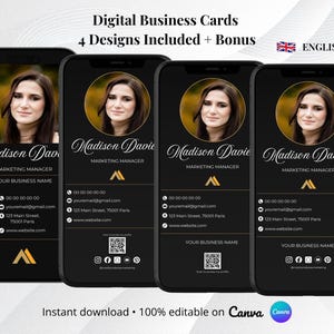 Peut inclure: Quatre modèles de cartes de visite numériques affichés sur des écrans de smartphone. Chaque carte présente un portrait circulaire, le nom Madison Davies, le titre Marketing Manager, des coordonnées, un QR code et des icônes de réseaux sociaux.