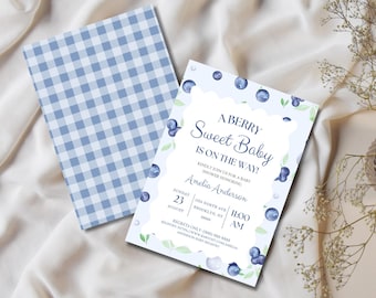 Invito per baby shower a tema frutti di bosco / Quadretti blu, dettagli color mirtillo (download digitale)