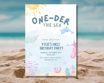 Invito di compleanno a tema "Sotto il mare" / Invito per la festa del primo compleanno a tema "Sotto l'oceano" (Modello modificabile)