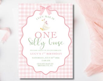 Invito per il primo compleanno a tema Silly Goose, invito per festa di compleanno per bambina a quadretti rosa (modello modificabile)