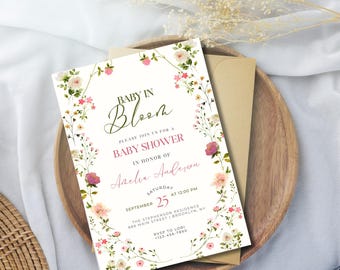 Invito per baby shower a tema floreale "Baby in Bloom" (modificabile)