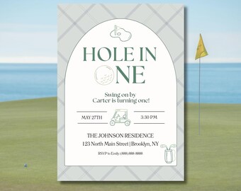 Invito per il primo compleanno a tema golf "Hole in One" / Festa a tema golf per bambino (Download digitale)