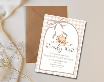 Invito per baby shower con orsetto / Invito a quadretti neutri con orsetto (download digitale)