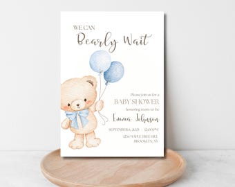 Invito per baby shower con orsetto blu, invito per maschietto ad acquerello (download digitale)