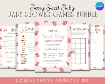 Pacchetto di giochi per baby shower a tema fragola, stampabili per feste modificabili su Canva (download digitale)