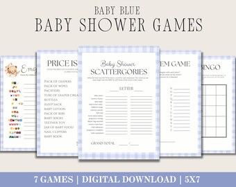 Pacchetto di giochi per baby shower / Tema orsacchiotto, quadretti blu (download digitale)