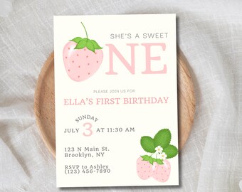 Invito per il primo compleanno a tema fragola, festa per bambina a tema bacche rosa (download digitale)