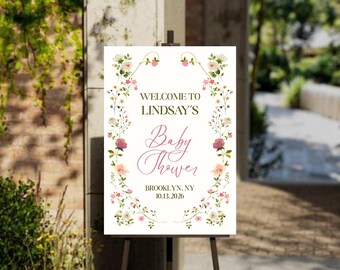 Modello di cartello di benvenuto "Baby in Bloom", decorazione floreale per baby shower, modificabile (45x60 cm)
