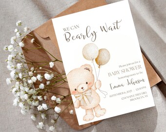 Invito per baby shower a tema orsetto, "Bearly Wait", invito in stile acquerello neutro (download digitale)