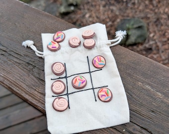 Handcrafted Tic Tac Toe Travel Game, Cookie Pieces, Ceramic Board, Linen Bag