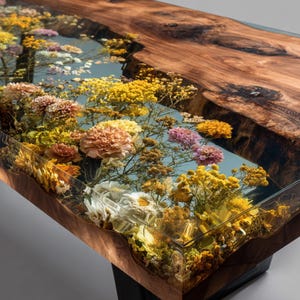 Könnte beinhalten: Handgefertigter Holztisch mit einem transparenten Harzeinlass, gefüllt mit bunten Trockenblumen. Der Tisch hat eine natürliche Holzmaserung und ein modernes Design, ideal für ein Wohn- oder Esszimmer.