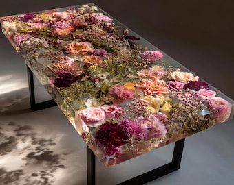 Blumen-Epoxidharz-Esstisch: Handgemachte Walnuss-lebende Kante Harz-Kunst-Möbel