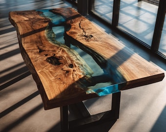 Stół z żywicą epoksydową Live Edge, stół jadalny River, stół z żywicy drewnianej na zamówienie, unikatowe meble ręcznie robione, nowoczesny wystrój domu