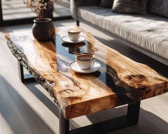 Handmade Live Edge Epoxy Coffee Table, Natural Wood River Furniture