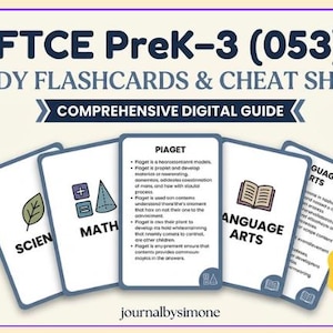May include: Digital study flashcards and cheat sheets for FTCE PreK-3 (053). The cards cover science, math, and language arts, with a focus on Piaget's theories. The guide is a comprehensive digital resource, updated for 2026.