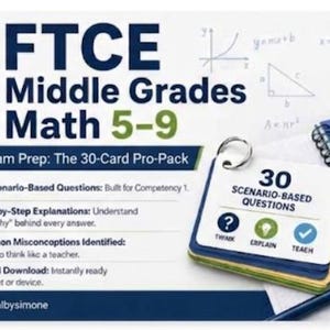 May include: Image of a study guide for FTCE Middle Grades Math 5-9. The image includes a calculator graphic, a stack of flashcards with the text "30 Scenario-Based Questions", and a spiral notebook. The guide is labeled "025 Exam Prep: The 30-Card Pro-Pack".