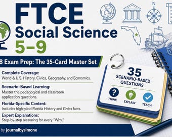 FTCE Sciences sociales 5-9 (038) Cartes d'étude | 35 questions de scénario à haut rendement | Téléchargement numérique