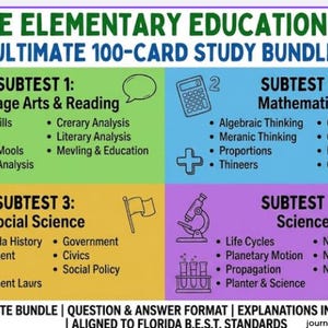 May include: A colorful study guide for FTCE Elementary Education K-6, featuring four subtests: Language Arts & Reading, Mathematics, Social Science, and Science. The ultimate 100-card study bundle includes question and answer format with explanations.