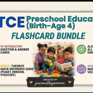May include: FTCE Preschool Education Flashcard Bundle for ages birth to 4. Includes 92 interactive question and answer cards, aligned with all 6 FTCE exam domains. Features a quick-reference guide and a math vocabulary list. Created by journalbysimone.