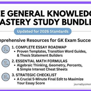 May include: A study guide titled "FTCE General Knowledge Mastery Study Bundle" with a purple border. The guide includes resources for the GK exam, updated for 2026 standards, and lists essay roadmap, math formulas, and a strategic checklist.
