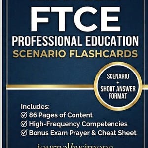 May include: A navy blue book cover with gold and white text. The title reads "FTCE PROFESSIONAL EDUCATION SCENARIO FLASHCARDS" with the edition year 2026-2027. Includes 86 pages of content, high-frequency competencies, and a bonus exam prayer & cheat sheet.