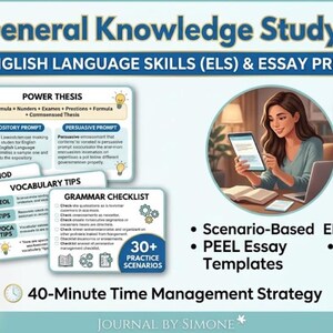 May include: FTCE General Knowledge Study Cards for English Language Skills (ELS) & Essay Prep. Includes study cards with Power Thesis, Peel Method, Vocabulary Tips, and Grammar Checklist. Features 30+ practice scenarios and a 40-minute time management strategy.