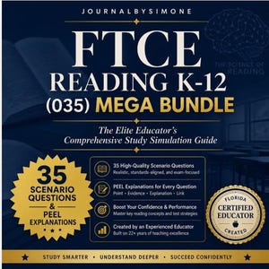 May include: A navy blue book cover with white text that reads "FTCE READING K-12 (035) MEGA BUNDLE". The cover also includes the text "The Elite Educator's Comprehensive Study Simulation Guide" and a gold seal that says "Florida Certified Educator".
