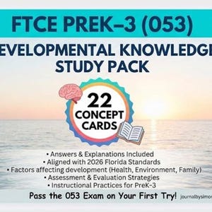 Puede incluir: Un paquete de estudio para FTCE PREK-3 (053) con el texto "DEVELOPMENTAL KNOWLEDGE STUDY PACK". La imagen incluye un gráfico de un cerebro, 22 tarjetas de concepto y un libro abierto. El texto incluye "Answers & Explanations Included" y "Pass the 053 Exam on Your First Try!"