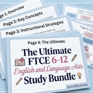 May include: A stack of light blue study guides with white text. The top guide reads "Page 1: Overview." The title "The Ultimate FTCE 6-12 English and Language Arts Study Bundle" is displayed on the front of the top guide. The guides are on a light blue background.