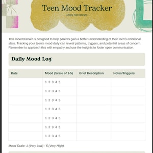 May include: A mood tracker for teens, designed for parents. The document features the title "Teen Mood Tracker" and includes a "Daily Mood Log" with sections for date, mood scale (1-5), brief description, and notes/triggers. The mood scale ranges from "Very Low" to "Very High."