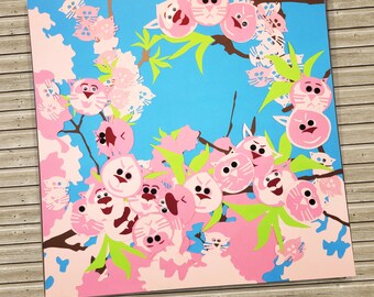 Handmade original Sakura cherry blossom tree with cats Wall Decor 12x12 Original Paper Art Frame included