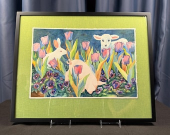 Blumenmotiv mit Tierbabys | Original-Aquarell von Darlene G. Schirm | Gerahmtes Gemälde im volkstümlichen Stil