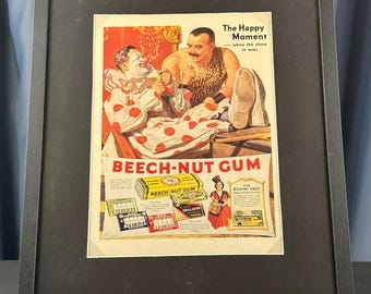 Framed Beech-Nut Gum Circus Advertisement, Vintage 1930s Advertising Art