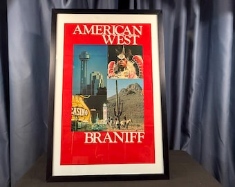 Vintage-Reiseposter von Braniff International Airways „American West“, ca. 1978–1980 – gerahmt – Dallas Reunion Tower, Las Vegas, Southwest Airlines