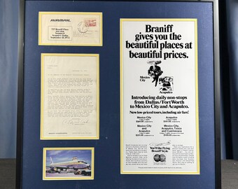1972 Braniff Acapulco-Dallas First Flight Cover | Framed Airline Memorabilia | Signed C. Edward Acker Letter | Aviation History Display