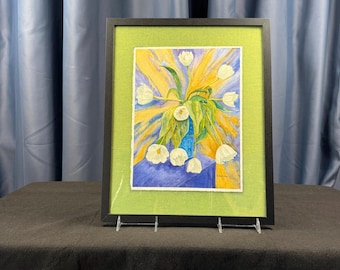 Strahlend weiße Tulpen | Original-Aquarell von Darlene G. Schirm | Gerahmtes Blumenbild (16 x 20 cm)