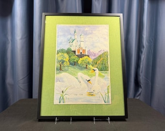 Schloss Neuschwanstein | Original-Aquarell von Darlene G. Schirm | Gerahmtes Landschaftsgemälde