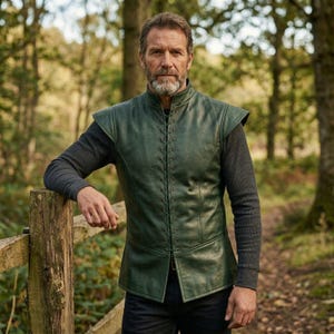 May include: A dark green sleeveless leather vest featuring a front lace-up closure with metal eyelets, worn over a charcoal gray long-sleeved thermal shirt. The vest has a structured fit with vertical seams and a straight hemline at the waist.