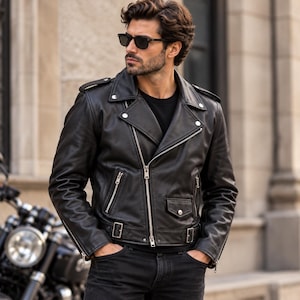 Pode incluir: Um casaco de couro preto para motociclista com lapela larga, fechos de metal prateado, um pequeno bolso com aba na frente, dragonas nos ombros e um cinto ajustável na cintura com fivela de metal, usado sobre uma camisa preta lisa.