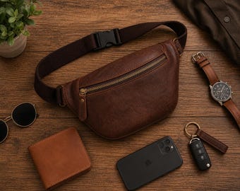 Genuine Leather Fanny Pack Brown | Handmade Waist Bag | Crossbody Belt Bag | Vintage Leather Bum Bag | Travel Hip Bag for Men Women