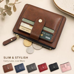 May include: A brown leather wallet with a zipper closure and multiple card slots. The wallet has a magnetic closure and a strap. The image also shows a few coins and credit cards. The text "SLIM & STYLISH" and "Carry Less, Live More" is visible.