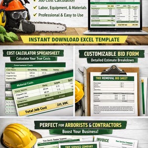 May include: Image of a tree removal bid sheet with an estimate and costing tool. Includes a chainsaw, laptop, and documents. The sheet calculates job costs, labor, equipment, and materials. It is an instant download Excel template.
