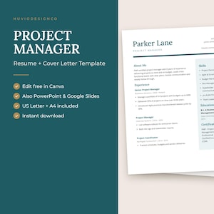 May include: A digital resume and cover letter template for a project manager, featuring the name Parker Lane, sections for experience, skills, education, and certifications, presented on a white background with dark teal text and accents.