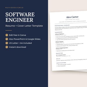 Software Engineer Resume Template, ATS-Friendly CV and Cover Letter, Canva PowerPoint Google Slides Editable