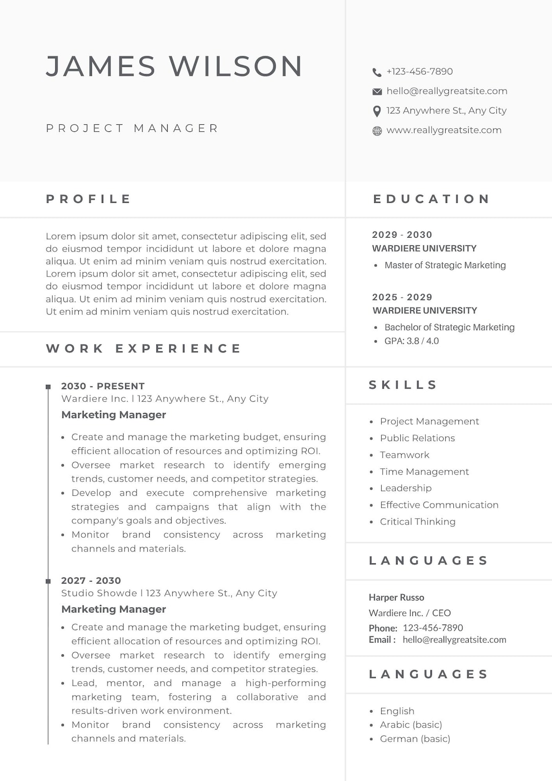 Project Manager Resume Template PM CV Canva Editable Instant Download ...