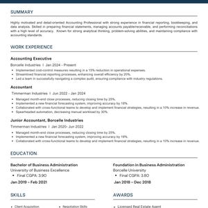 Pode incluir: Um currículo profissional para Claire Roberts, apresentando suas informações de contato e experiência em contabilidade. O currículo detalha suas habilidades, educação e prêmios, incluindo seu papel como Agente Imobiliário Licenciado.