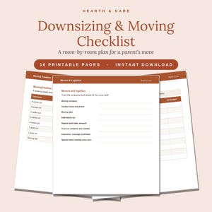 Op de afbeelding: Een Downsizing & Moving Checklist van Hearth & Care met 16 printbare pagina's voor de verhuizing van een ouder. Het document bevat secties voor een verhuistijdlijn en logistiek met invulvelden voor bedrijfsgegevens en datums.