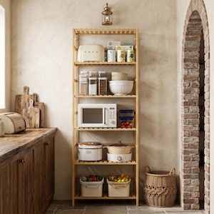 May include: A light-colored bamboo shelving unit filled with kitchen items. A toaster, microwave, bowls, containers, and small appliances are displayed on the shelves. Two baskets filled with produce sit at the bottom. A rustic kitchen setting.