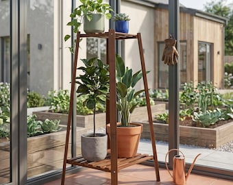 Großer 2-Tier Bambus Blumenständer Indoor Outdoor | Dunkelbraun Blumen Regal für Garten Terrasse Balkon | Rustikale Holz Pflanzenregal Wohnzimmer Ecke